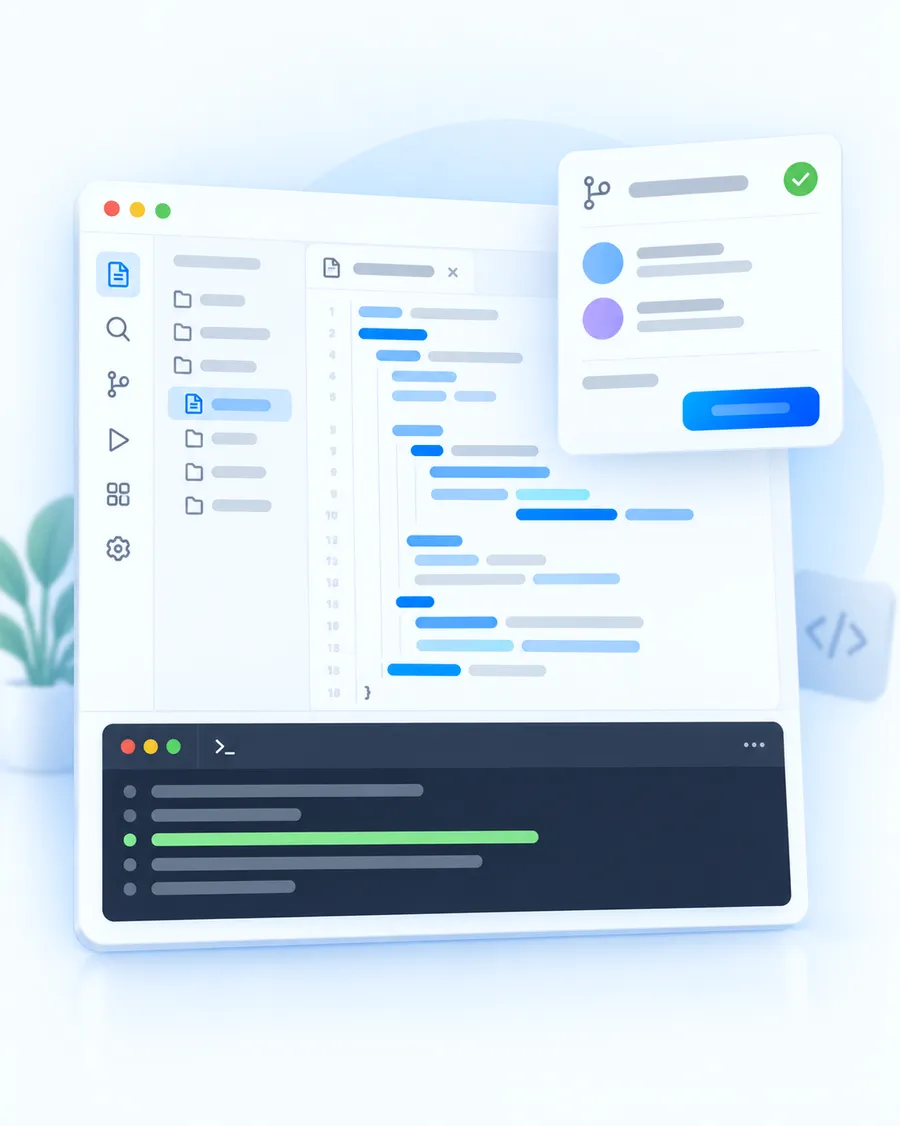 A code editor with a terminal and an approved pull request