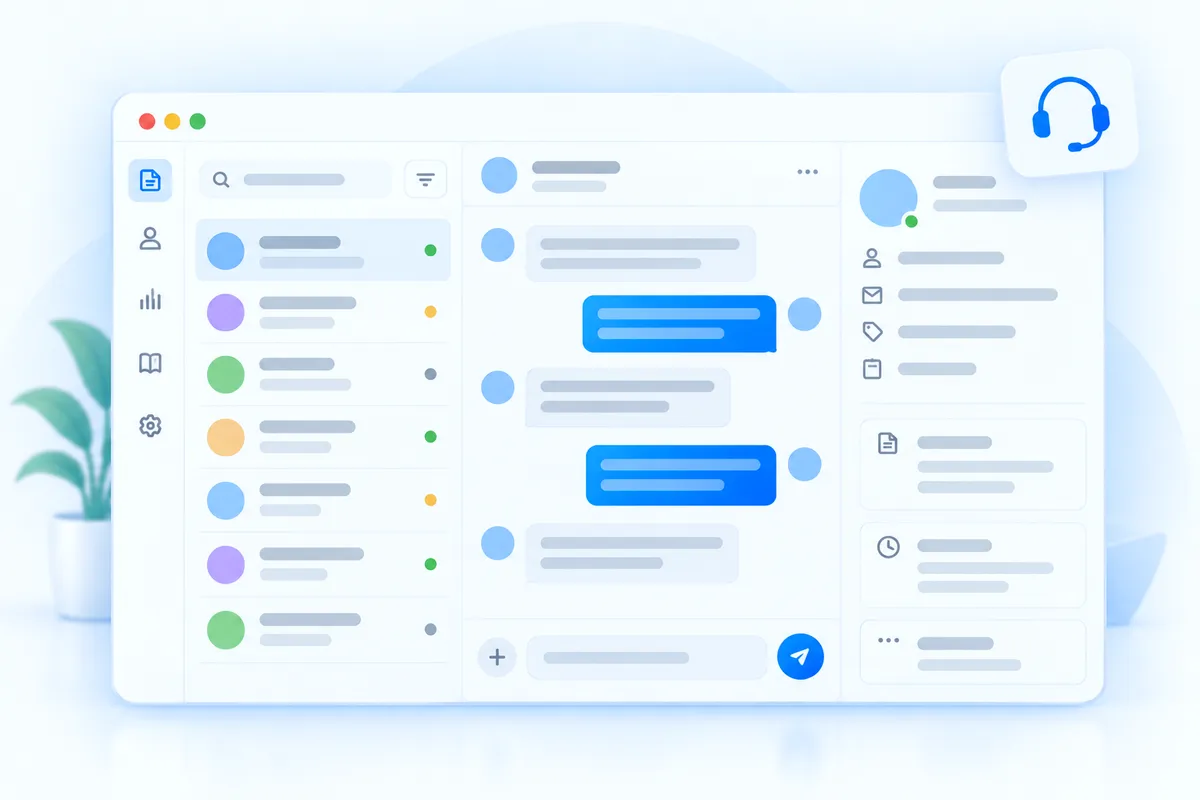 A support workspace with a ticket list and a live chat conversation
