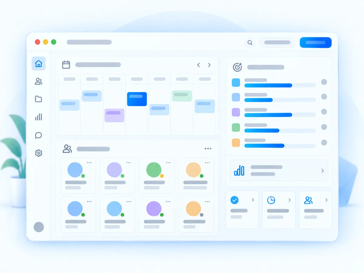 A team workspace with member tiles, a shared calendar and project progress