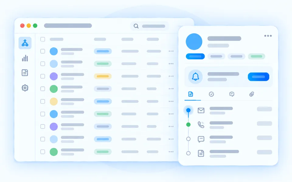CRM contact list with a lead's follow-up and activity