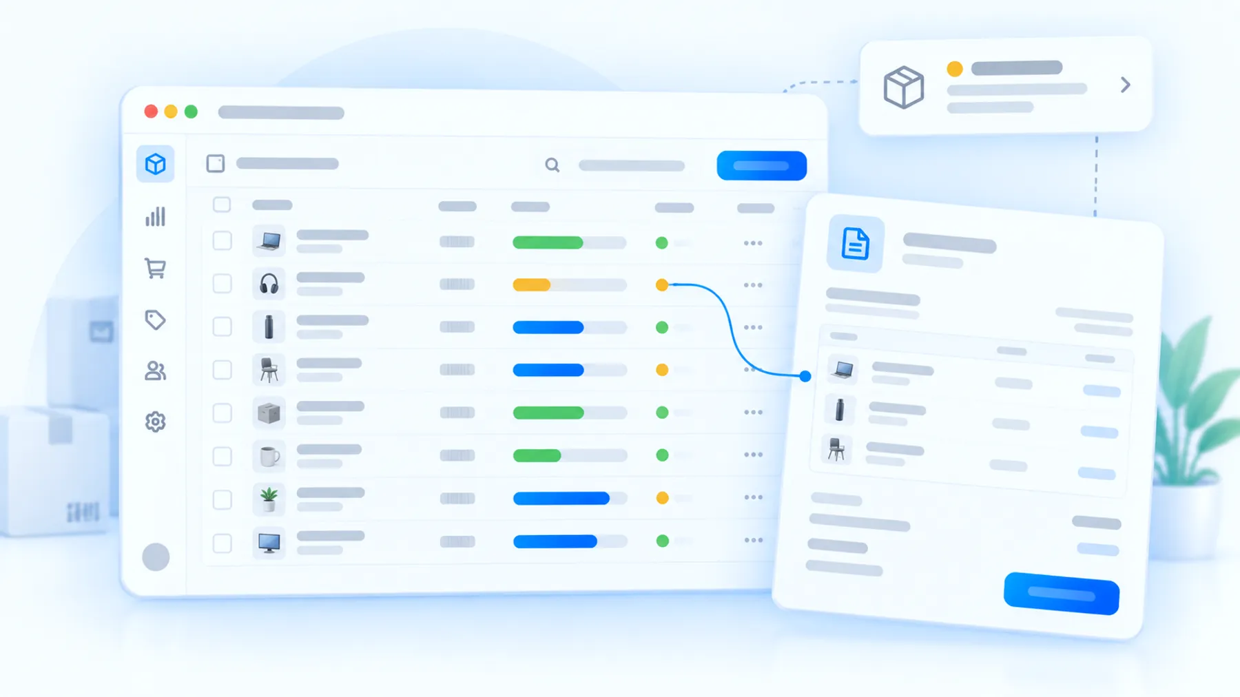 An inventory table with stock levels, a reorder alert and the invoice that updated them