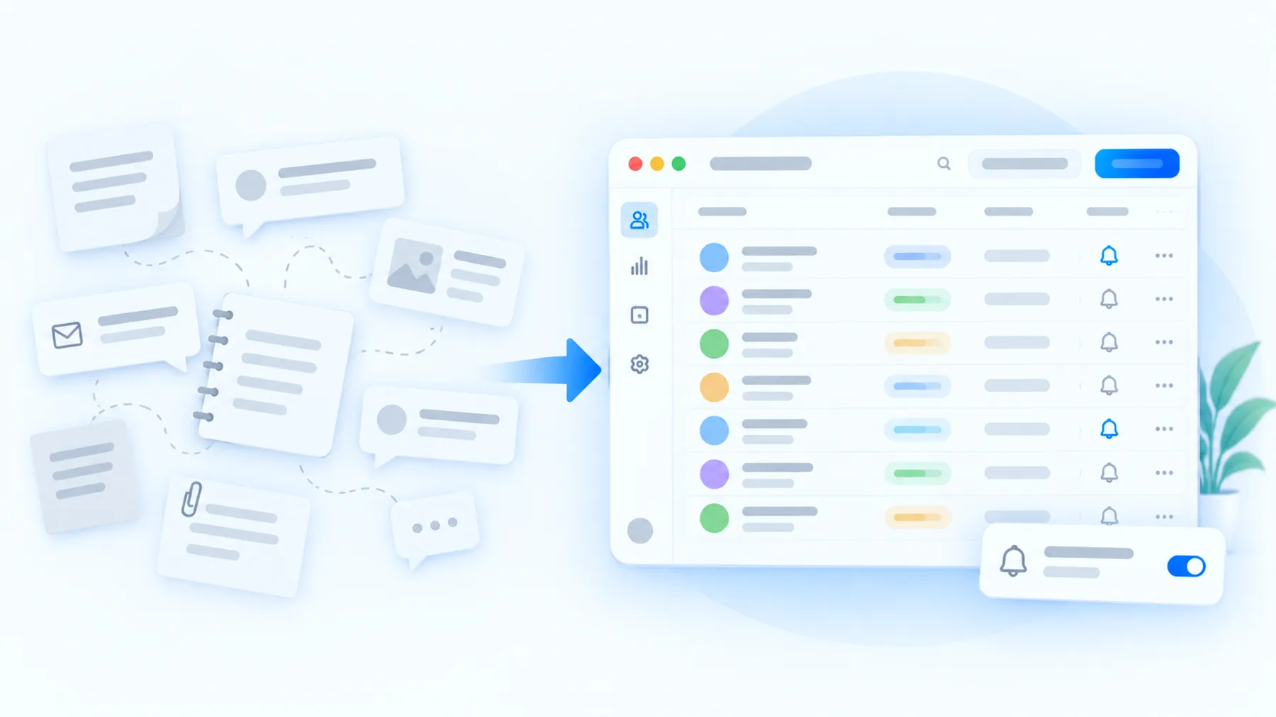 Scattered notes and messages on one side, the same customers organised in one CRM list on the other