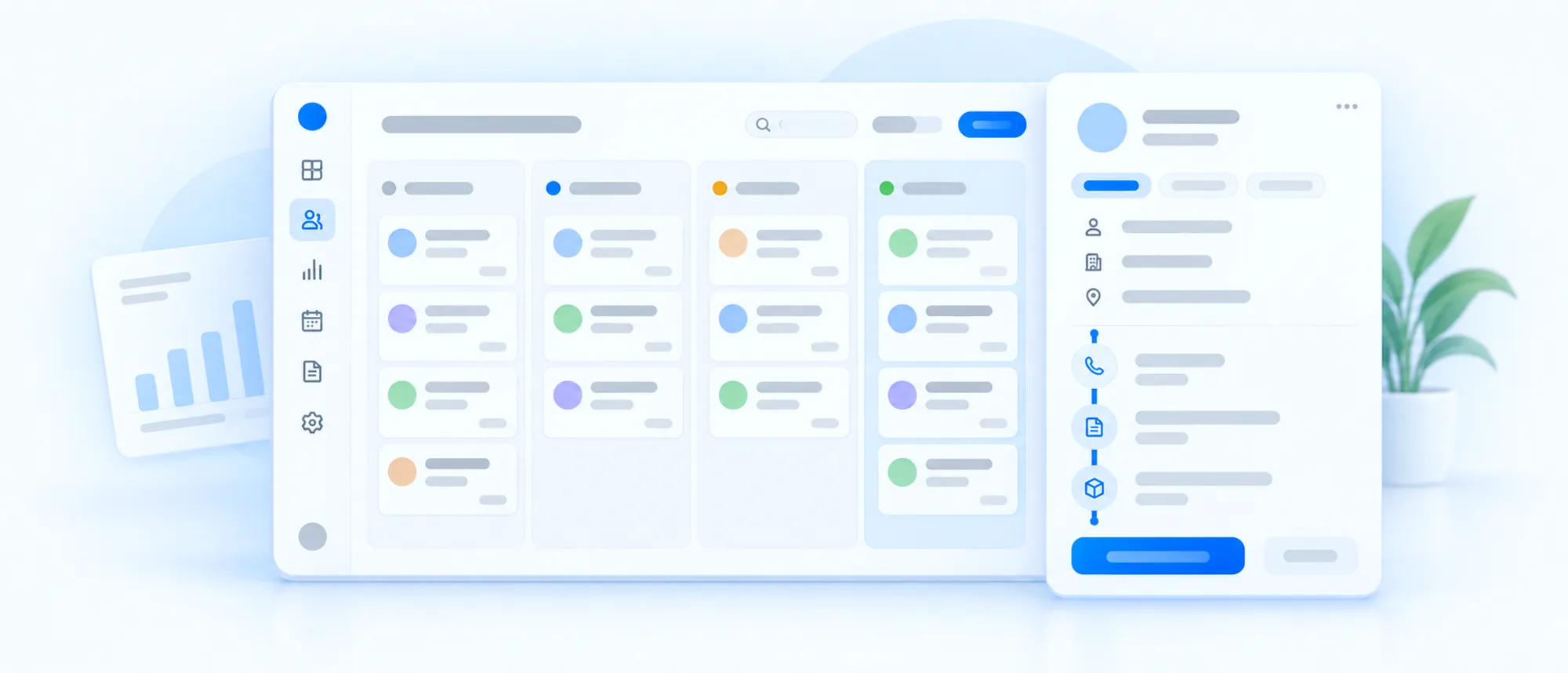 CRM software: leads arranged across pipeline stages, with one customer's history open beside them