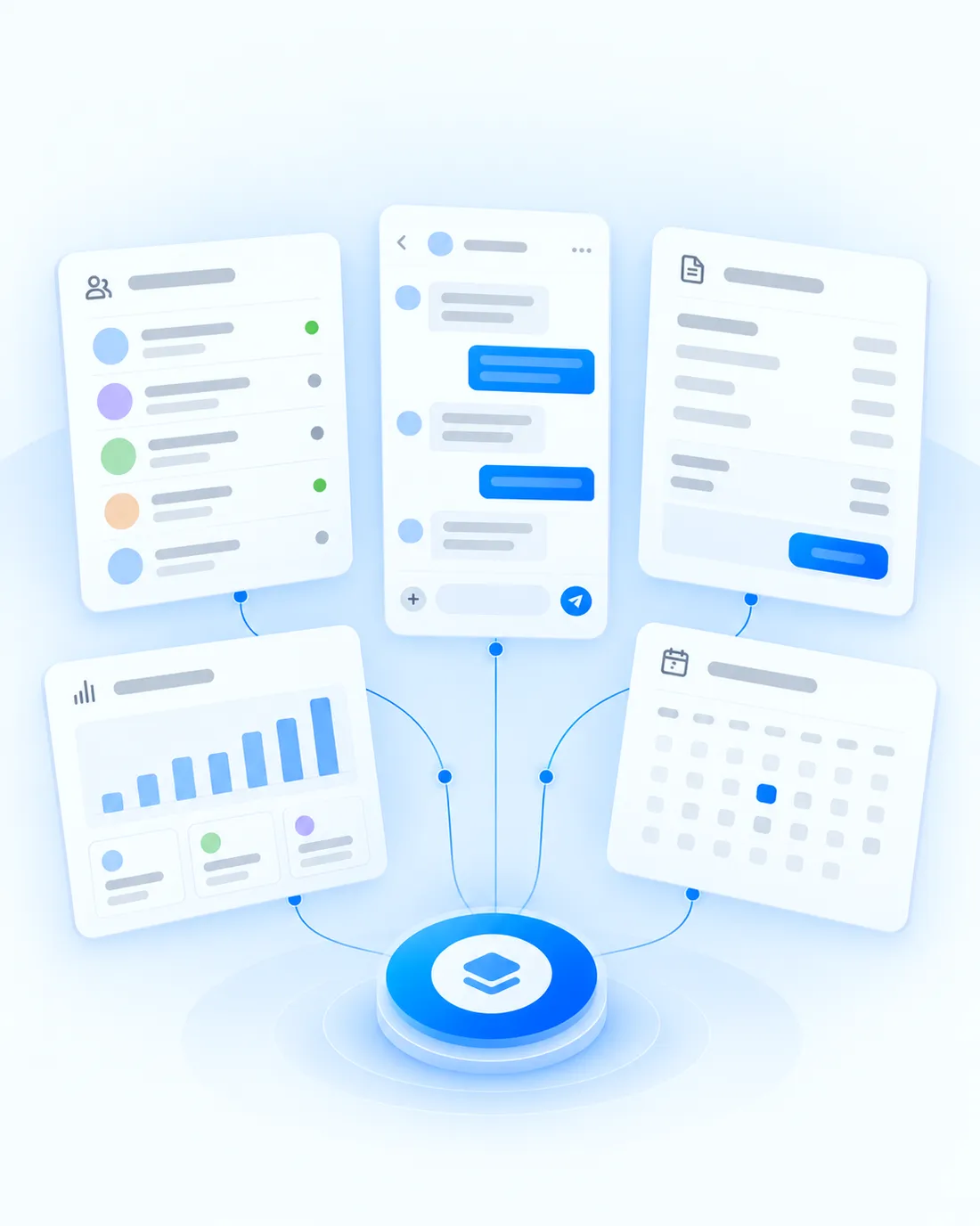 The range of business software panels, from customer list to invoices and reports, connected to one hub