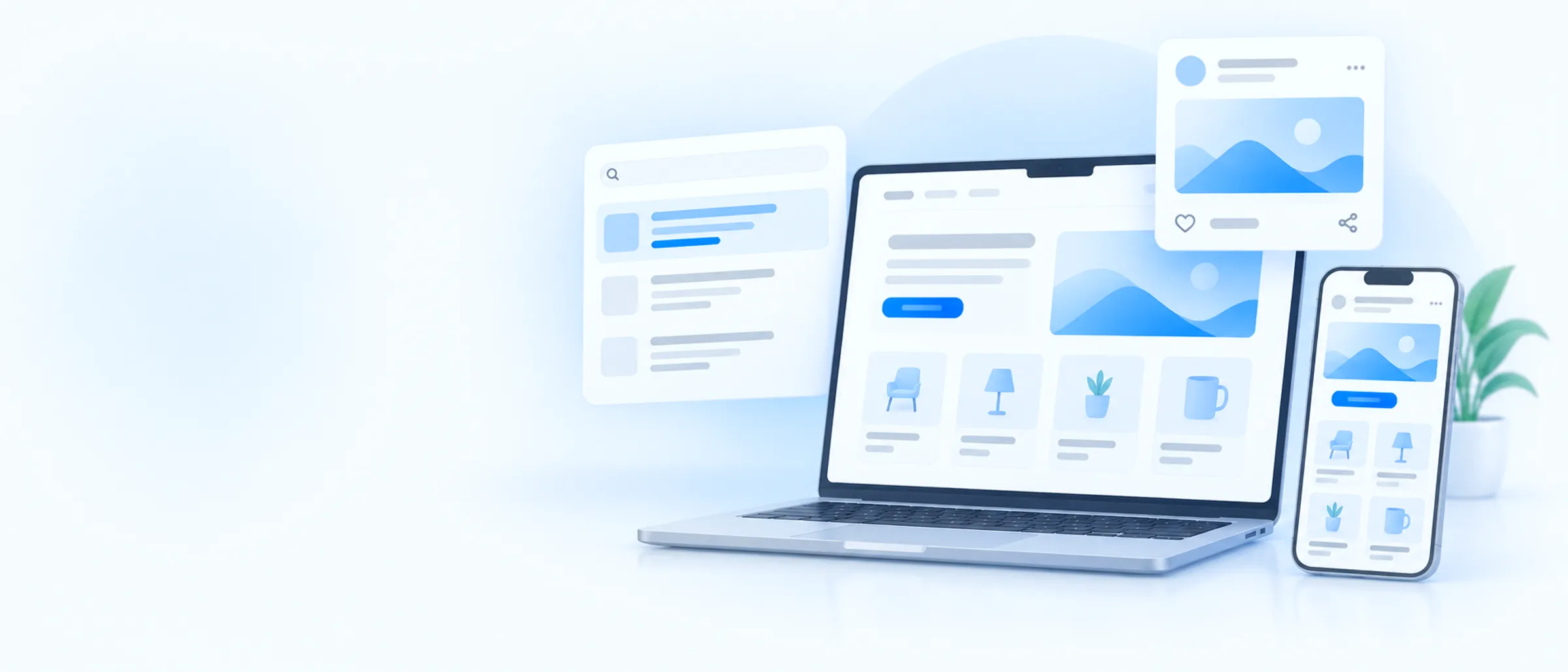 A business website on a laptop and phone, with a social post and a search result floating around it